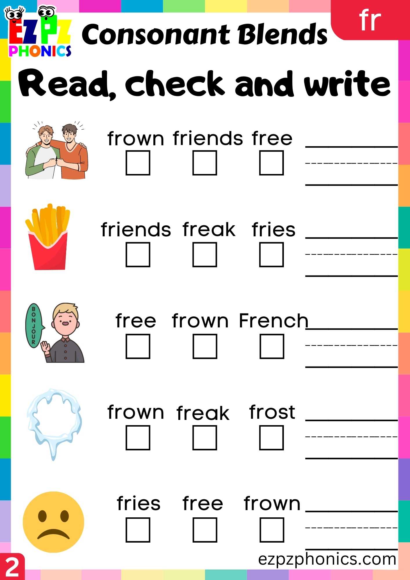 Group2 Fr Words Read Check And Write Phonics Consonant Blends Worksheet